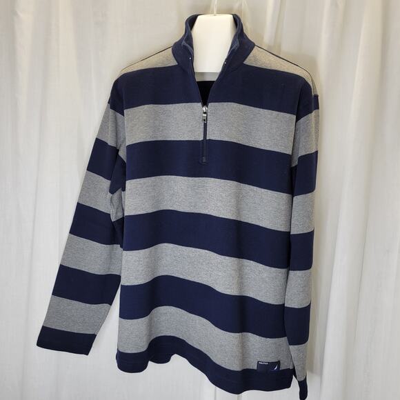 Nautica Navy and Gray 1/4 Zip Cotton Sweater Pullover, L - Picture 1 of 9